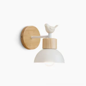 Colorato bird wall sconce in natural wood and white metal, minimalist Nordic design on clean background