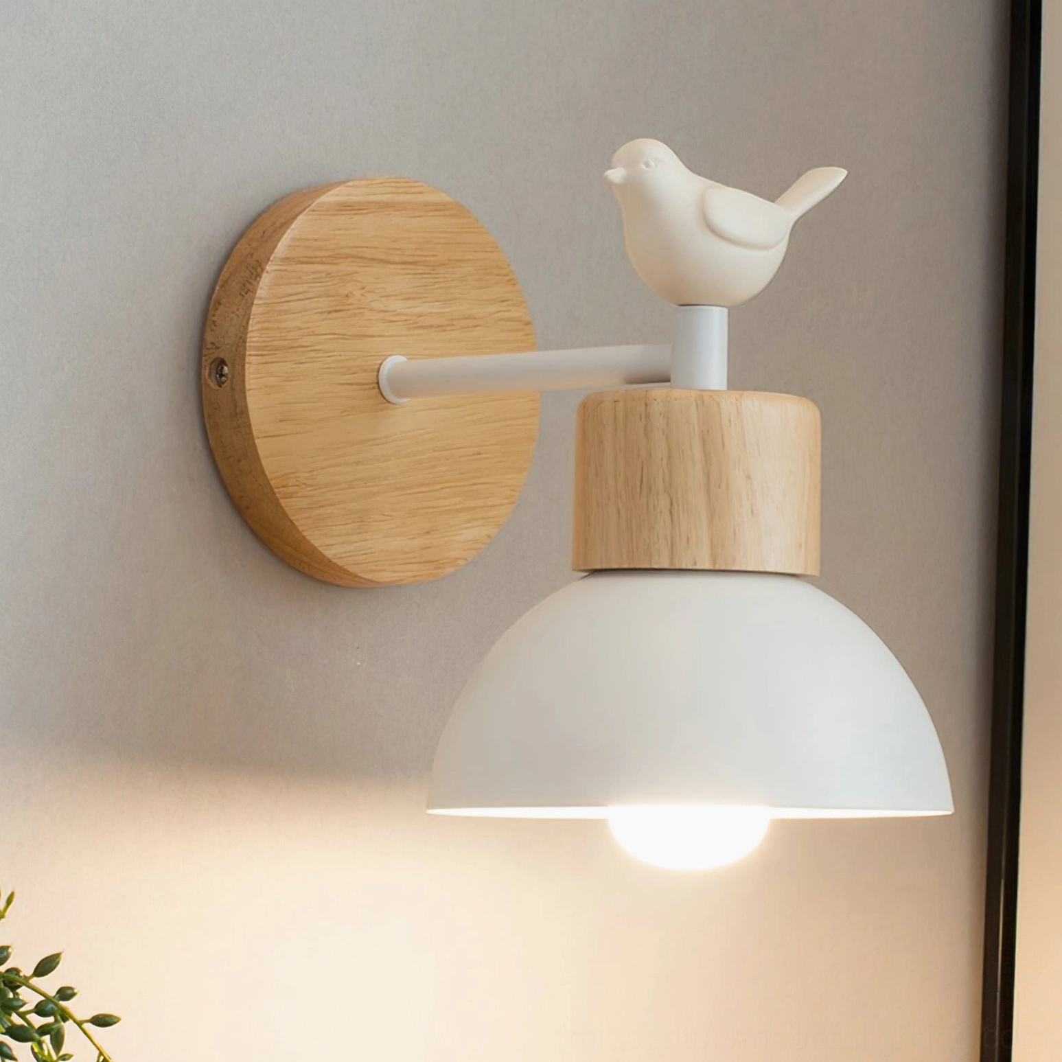 Colorato bird wall lamp on indoor wall with warm ambient light, natural wood and white modern fixture