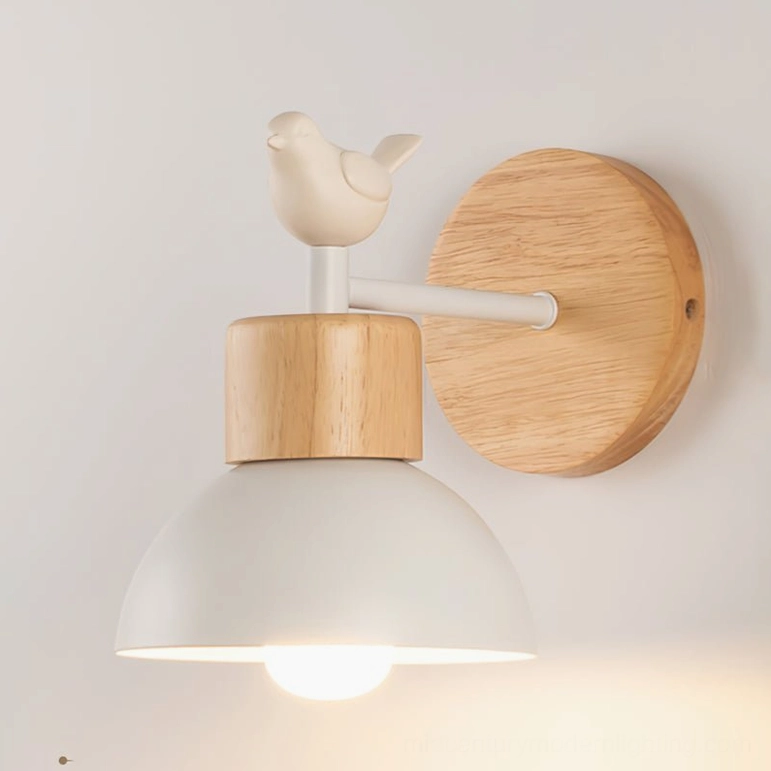 Colorato bird wall sconce close-up side profile showing integrated wood and white metal construction
