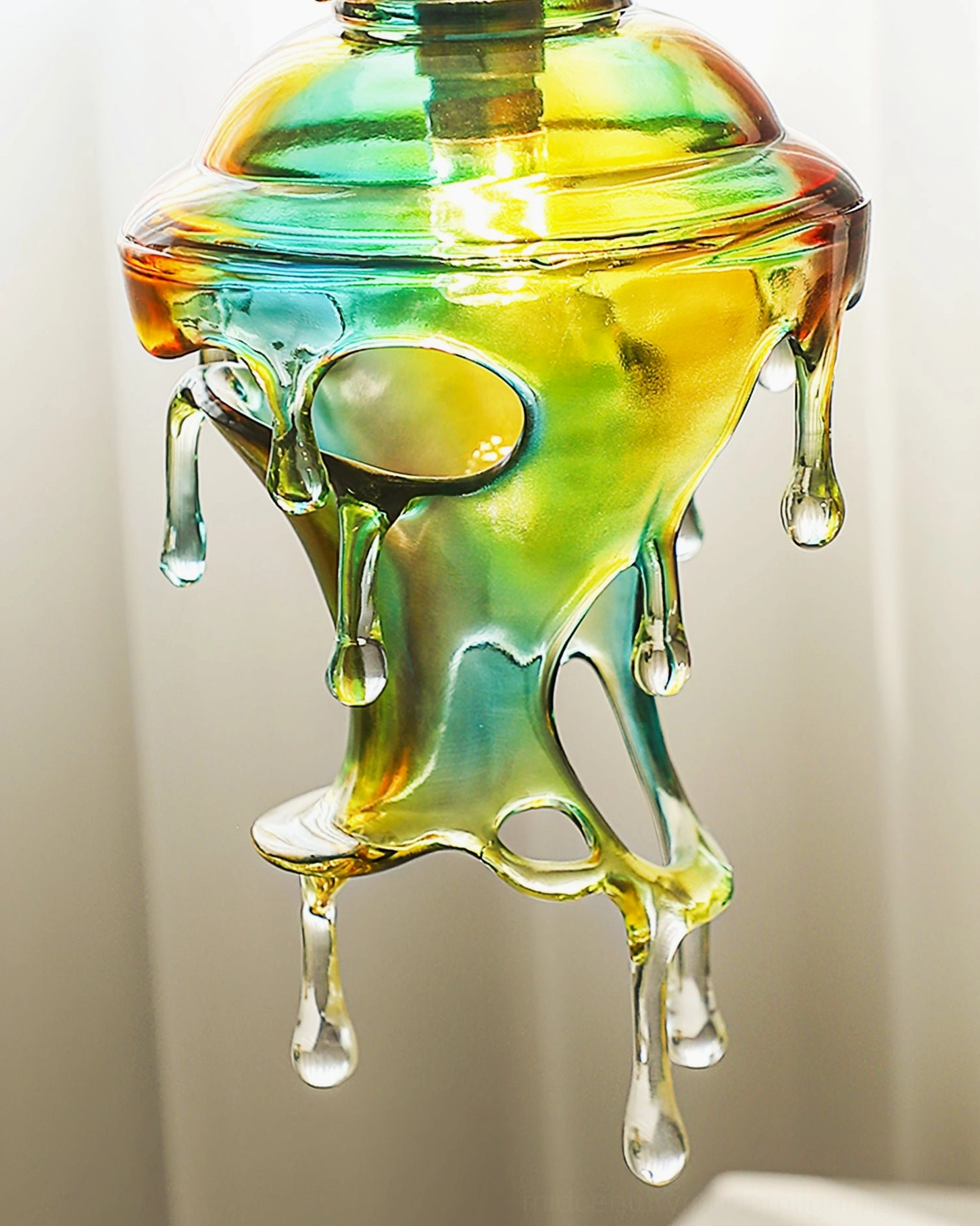 Green-to-yellow gradient colored glazed resin pendant showing iridescent light refraction