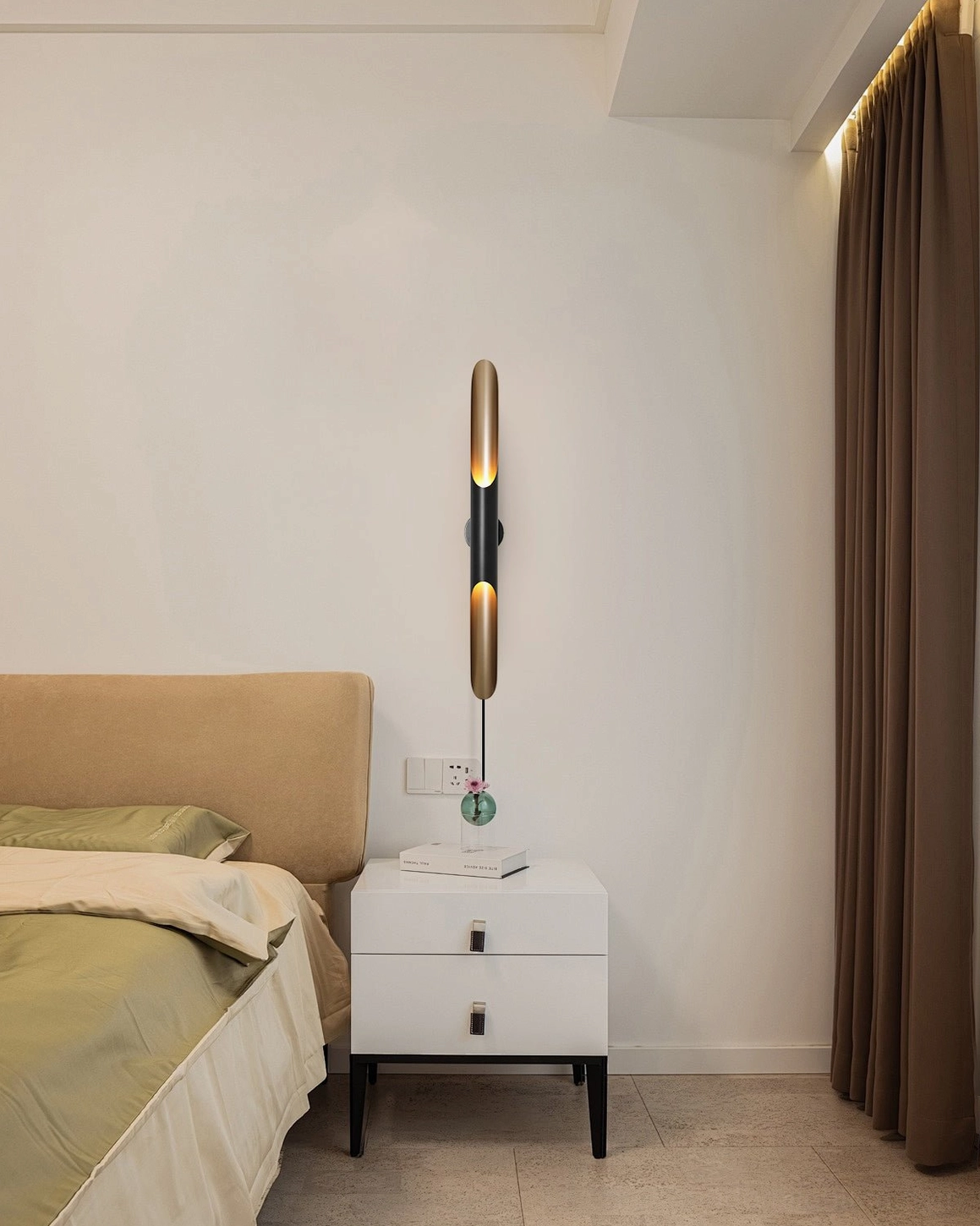 Coltrane linear wall sconce bedroom corner, streamlined profile warm glowing light