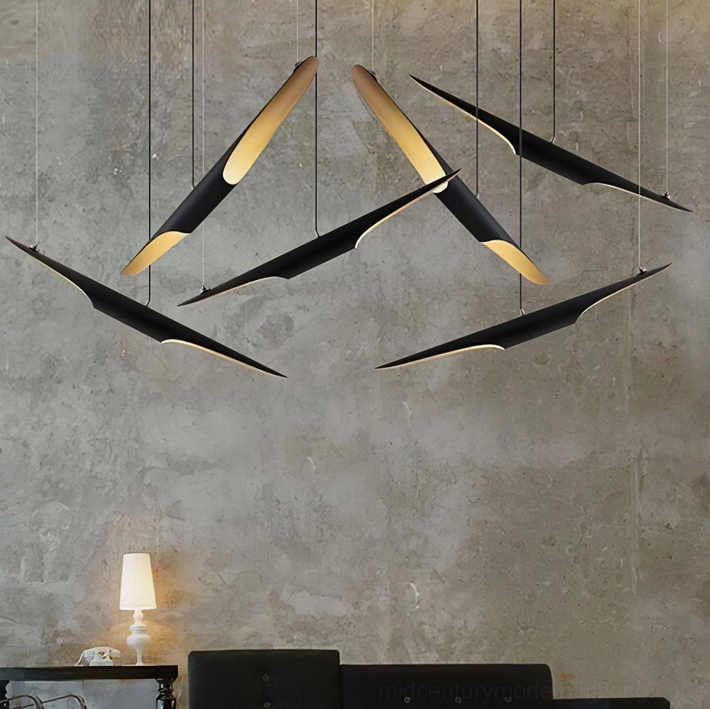 Coltrane linear pendant suspension lamp in mid-century modern interior design context