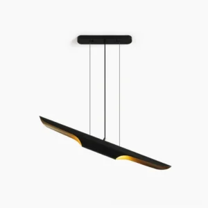 Coltrane linear pendant light with black matte exterior and gold interior, front overhead studio view