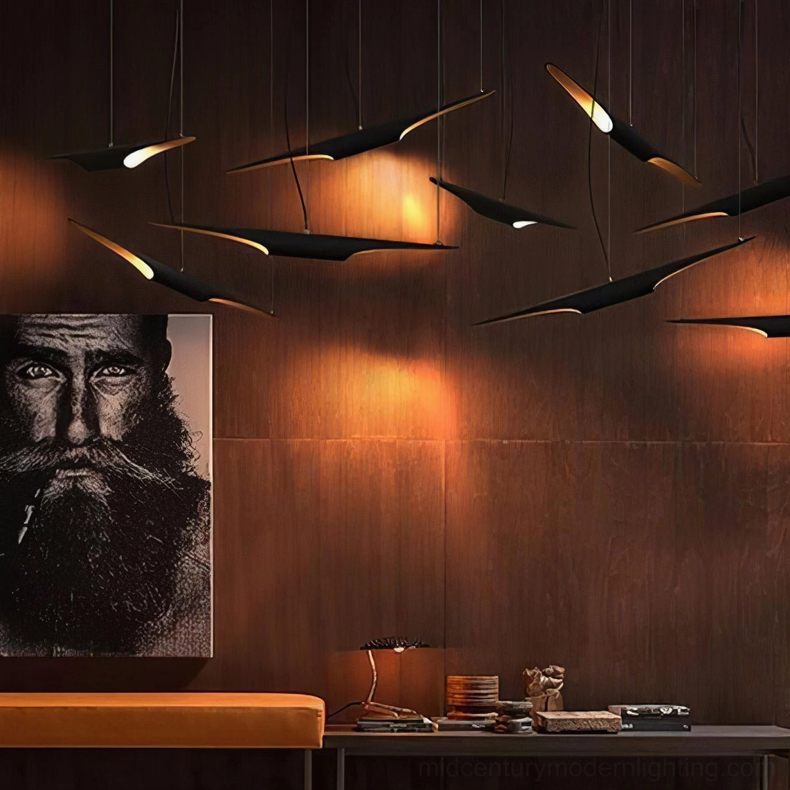 Contemporary Coltrane pendant light fixture installed in minimalist modern dining space