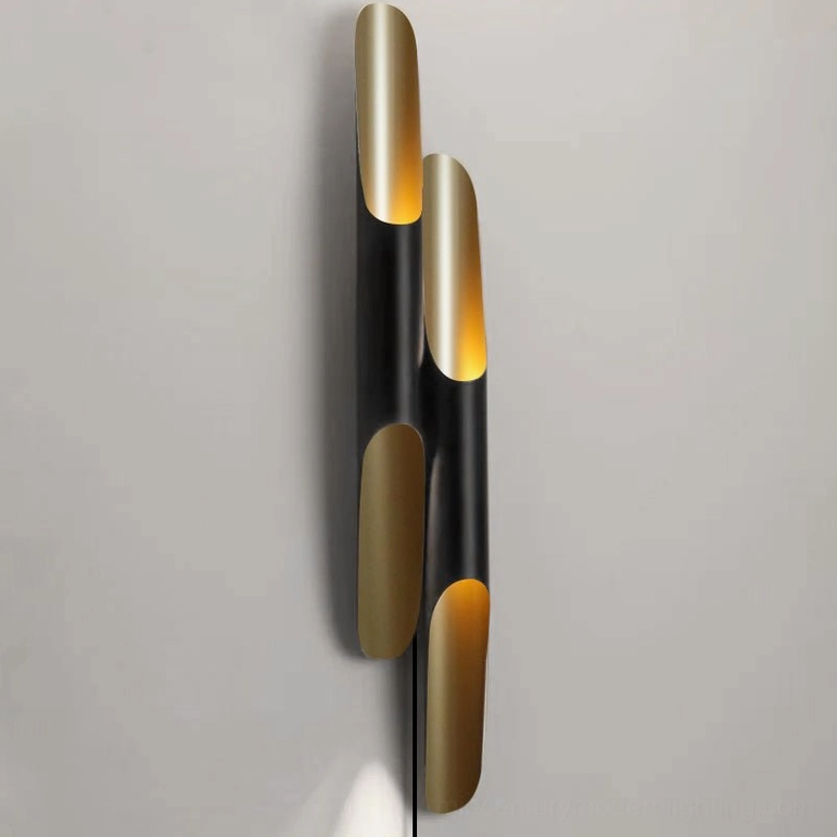 Coltrane dual-branch linear wall lamp front view, brass accents warm emitted light