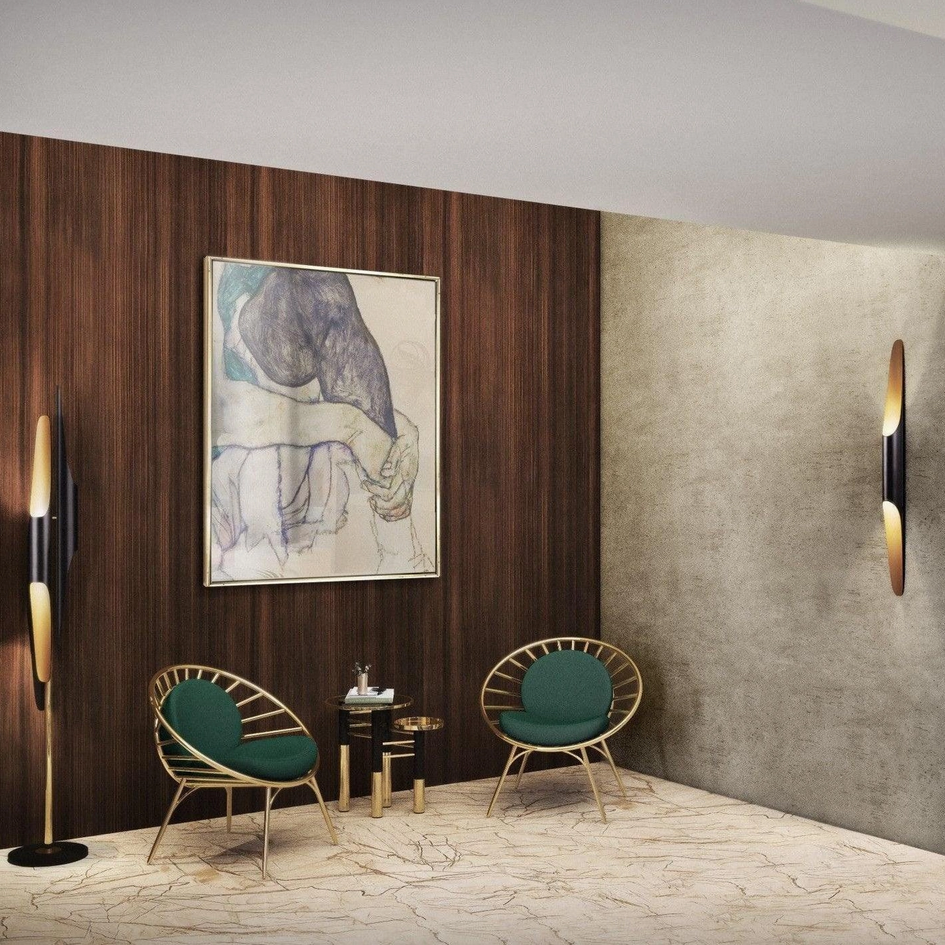 Coltrane black wall sconce in luxury modern living room mid-century modern interior design setting