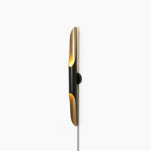 Coltrane linear wall sconce side view, matte black with brass gold accents minimalist design