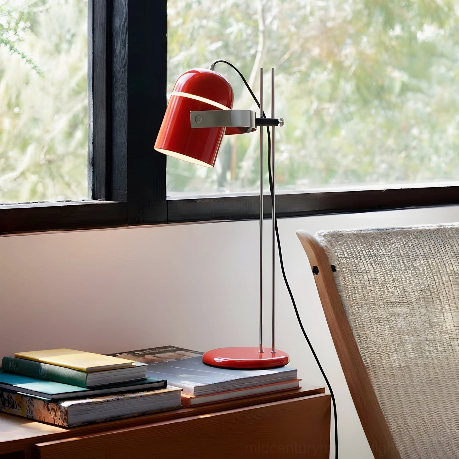Red adjustable table lamp by window minimalist desk lighting
