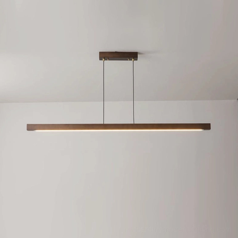 Compact 47-inch walnut and gold linear chandelier variant with integrated LED warm light