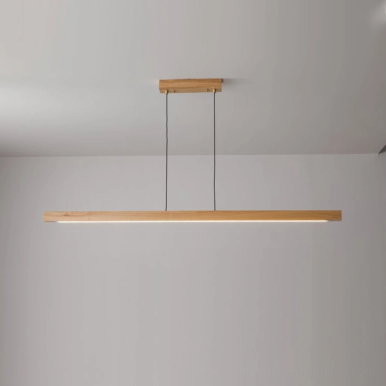 Compact 47-inch natural wood and gold linear chandelier variant suspended in contemporary space