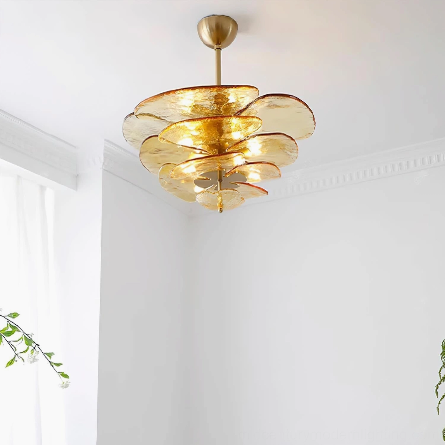 Compact amber hand-blown lotus chandelier with brass gold finish and small layered glass petals