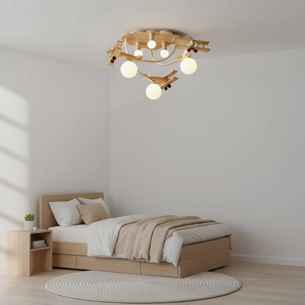 Aircraft ceiling lamp in compact minimalist bedroom with small round rug and nightstand, warm cozy glow