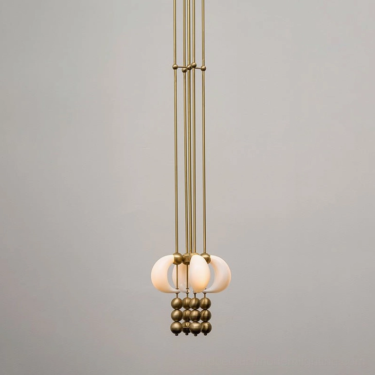 Compact bent glass pendant light with slim brass metal frame and curved frosted shade - minimalist modern design overhead view