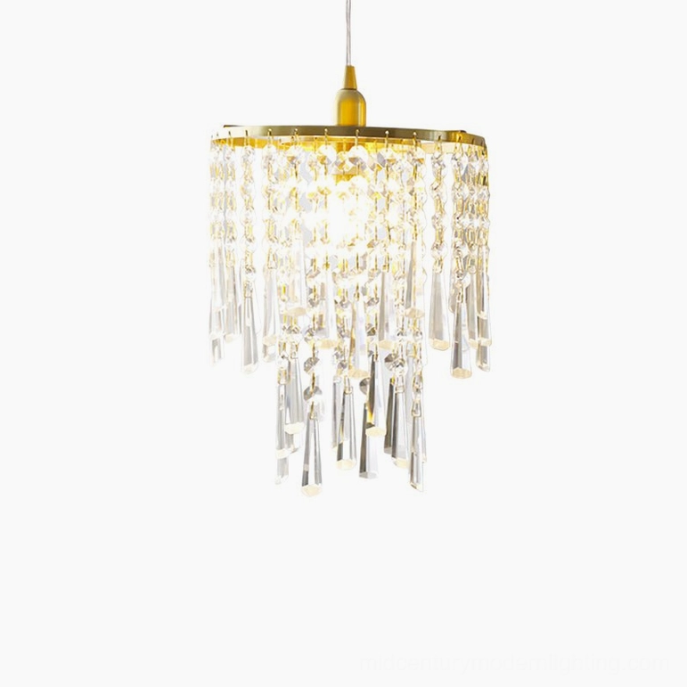Compact size cascading crystal pendant light with warm interior glow, front view close-up