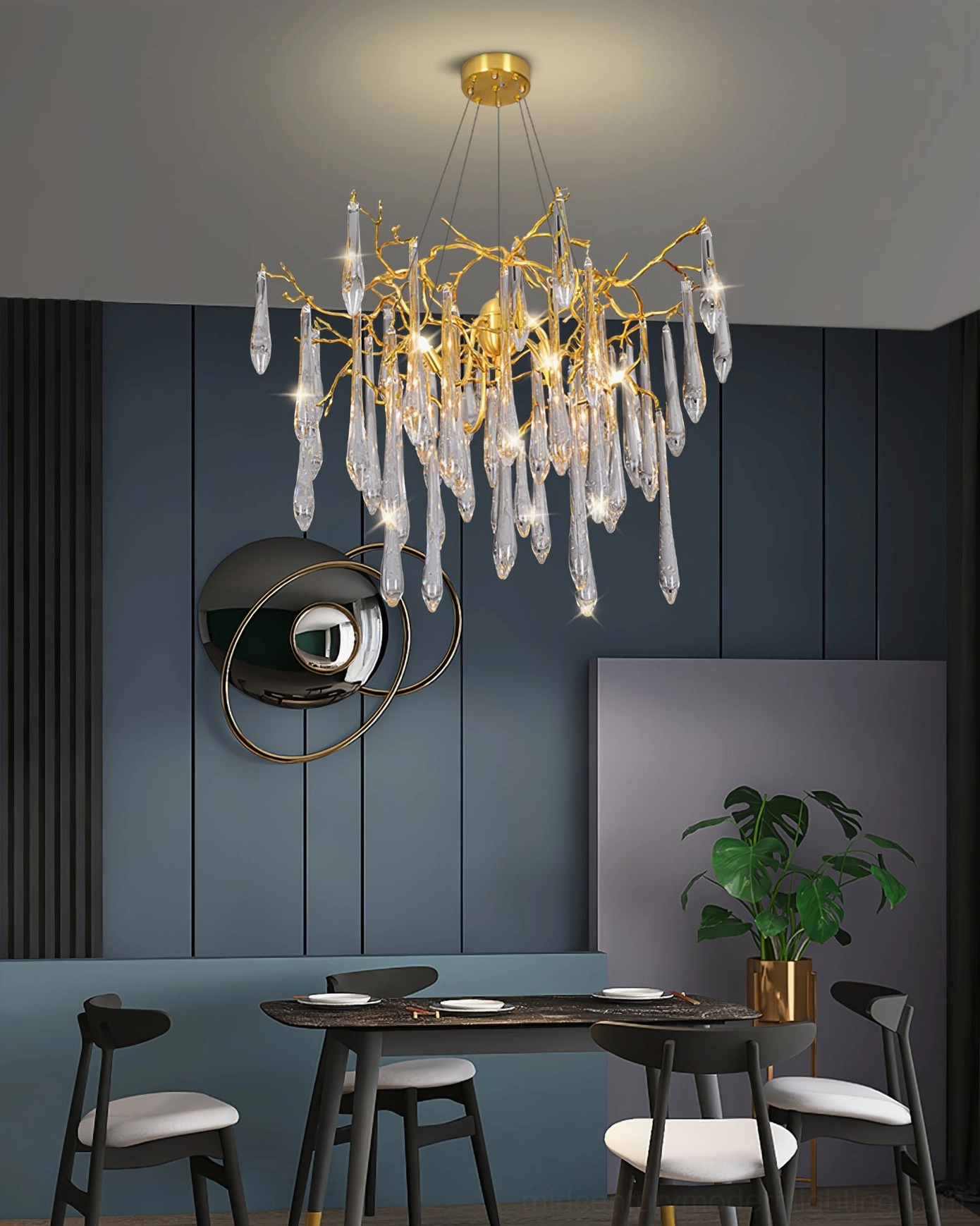 Compact dining room icicle crystal chandelier gold branch frame warm illuminated warm-toned lights