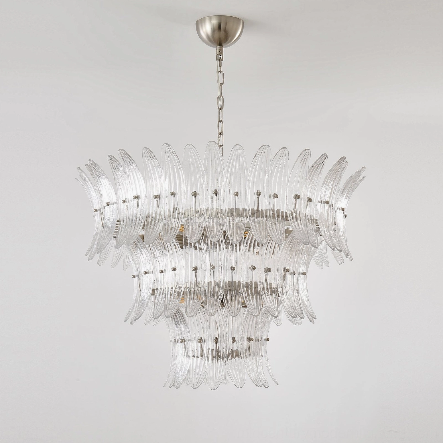Compact tier glass palm chandelier 27.6 inch diameter with 17 bulbs showing full cascading glass frond design