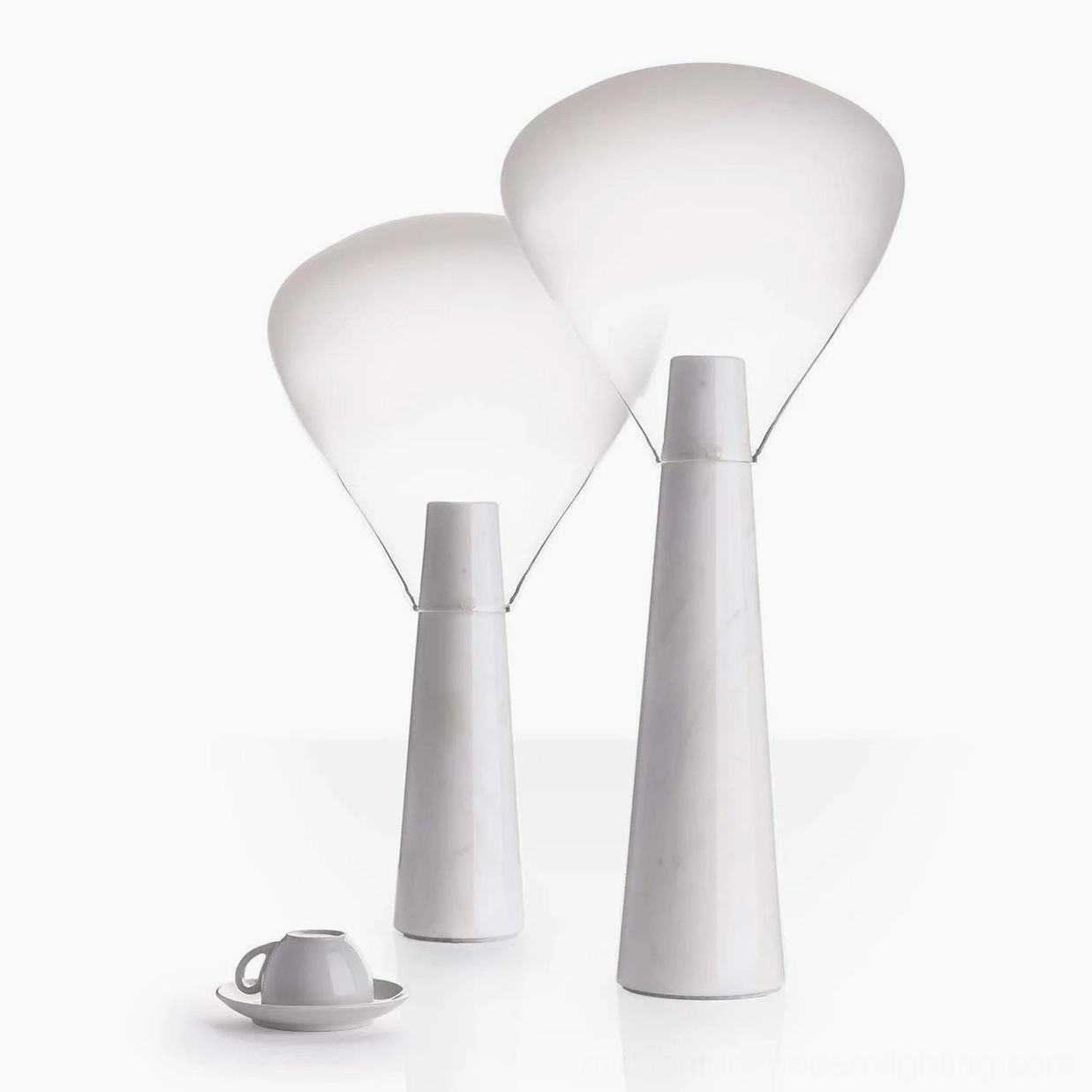 Compact marble table lamp with integrated LED, white stone base and clear shade, accent lighting