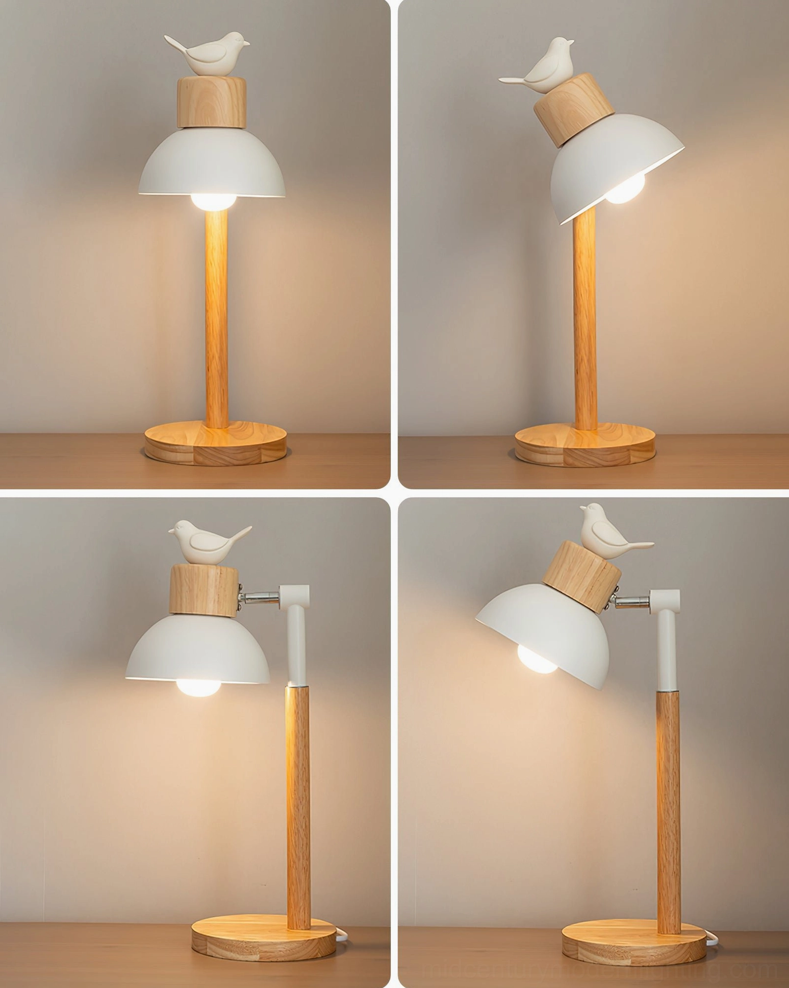 Compact Nordic wooden desk lamp with white shade on small wooden desktop, flat front view