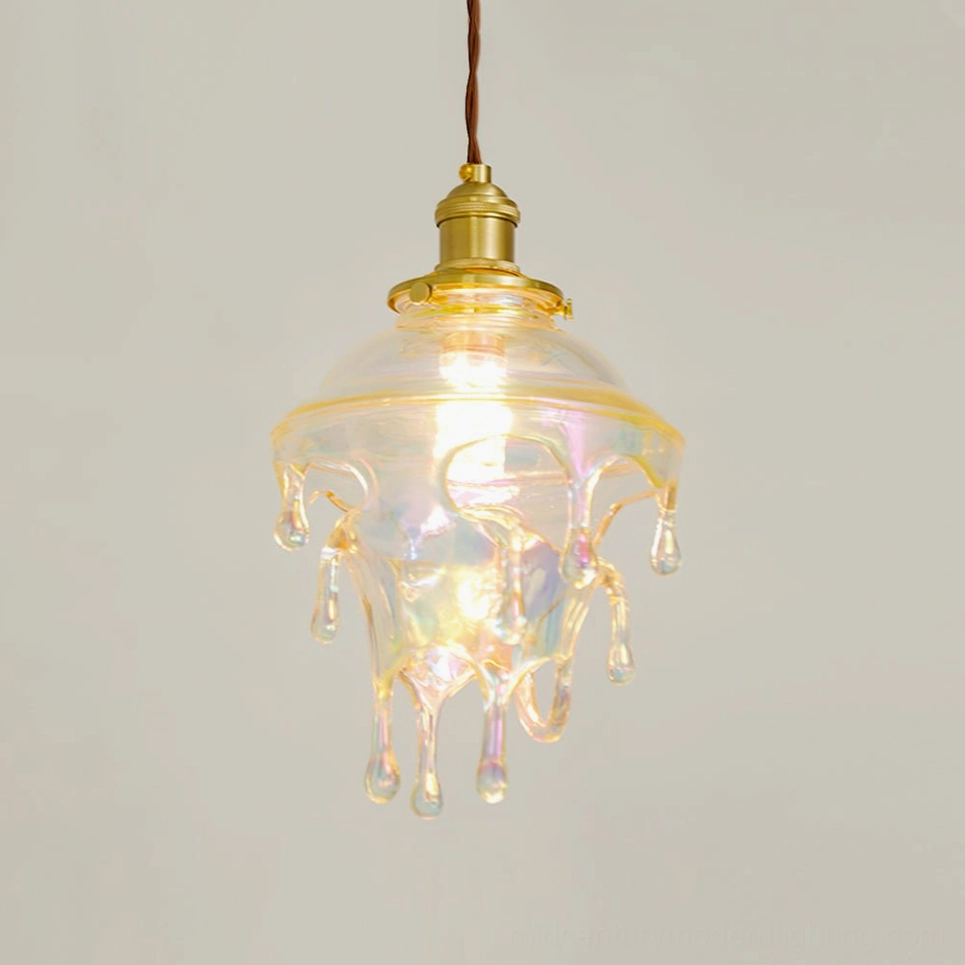 Compact size water droplets resin pendant lamp, crystal clear finish, frontal studio view
