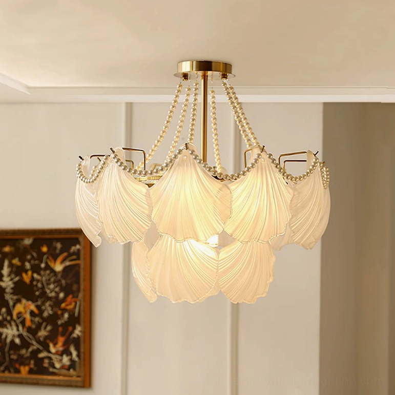 Compact 23.6 inch scallop shell glass chandelier with pearl trim and energy-efficient E14 bulb compatibility