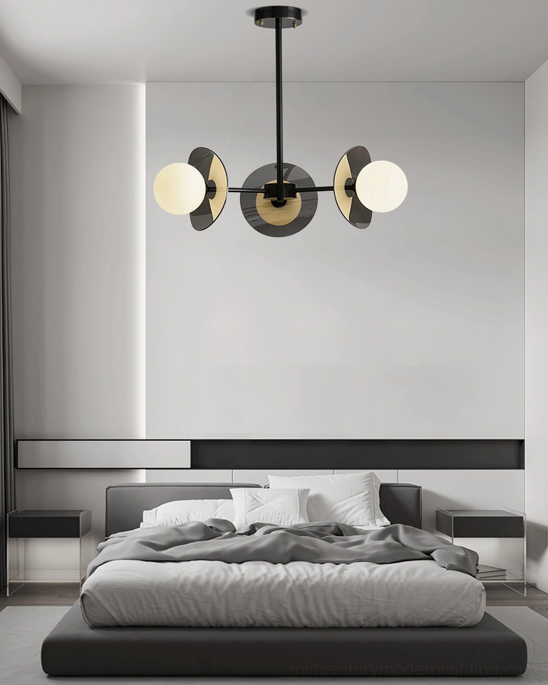 Compact sputnik chandelier low eye-level view in modern minimalist bedroom with neutral disc decorations