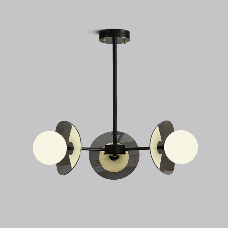 Compact three-head sputnik chandelier modern minimalist design with black finish and frosted glass globes perfect for small spaces