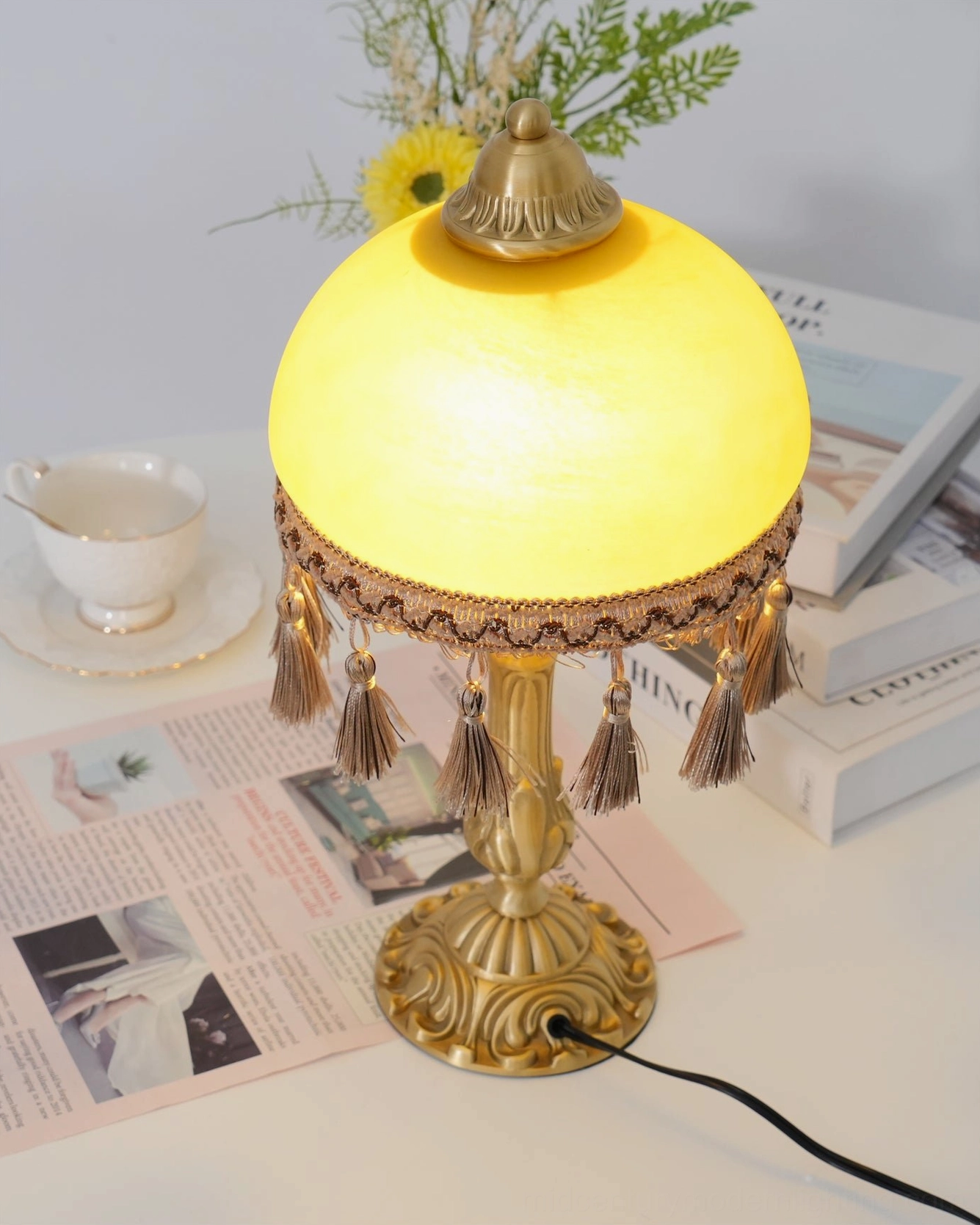 Complete brass tassel table lamp product view with all decorative elements visible