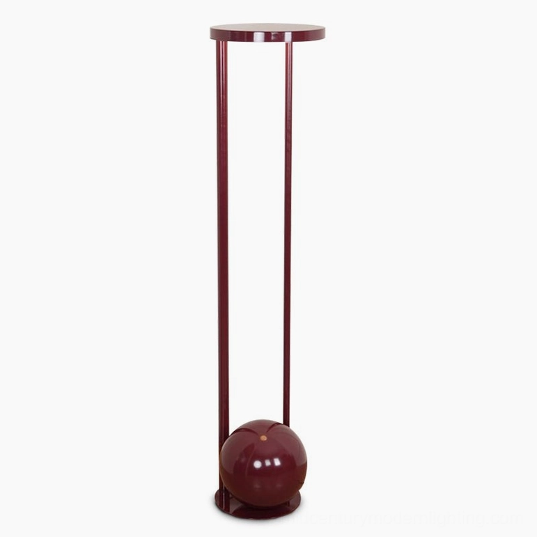 Composition red floor lamp complete sculptural view - 160cm tall mid-century modern floor lamp with burgundy metallic finish and integrated LED