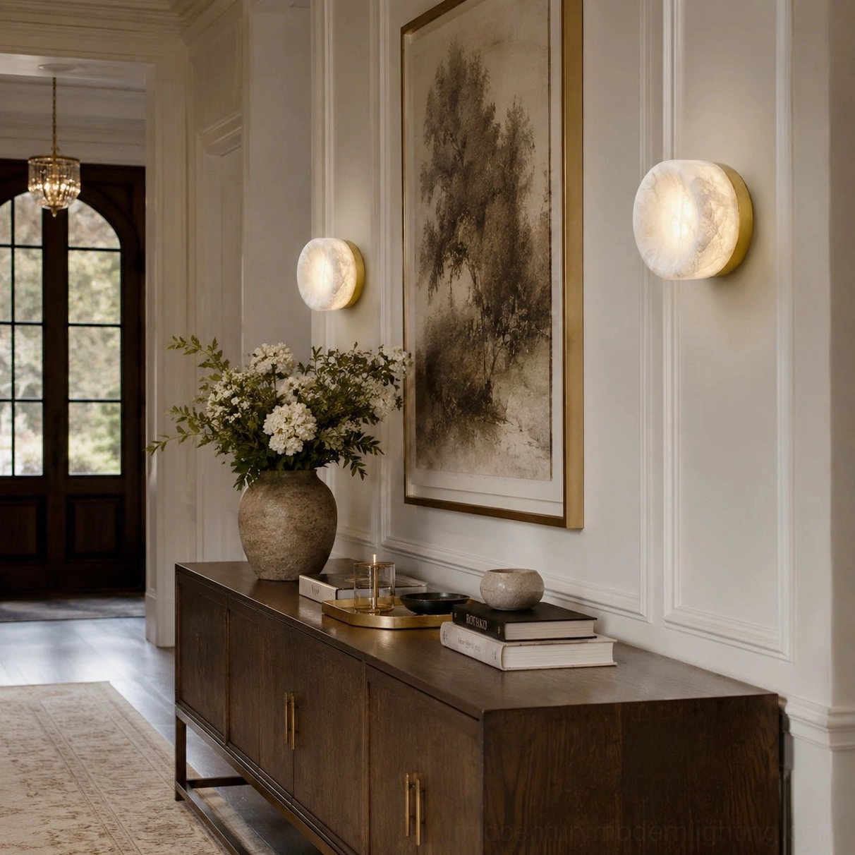 Single alabaster stone sconce above wooden console table with floral arrangement in formal entryway hallway