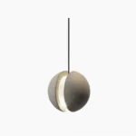 Concrete pendant lamp with split hemisphere design showing warm LED light through the gap, front view on white background