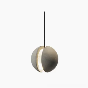 Concrete pendant lamp with split hemisphere design showing warm LED light through the gap, front view on white background