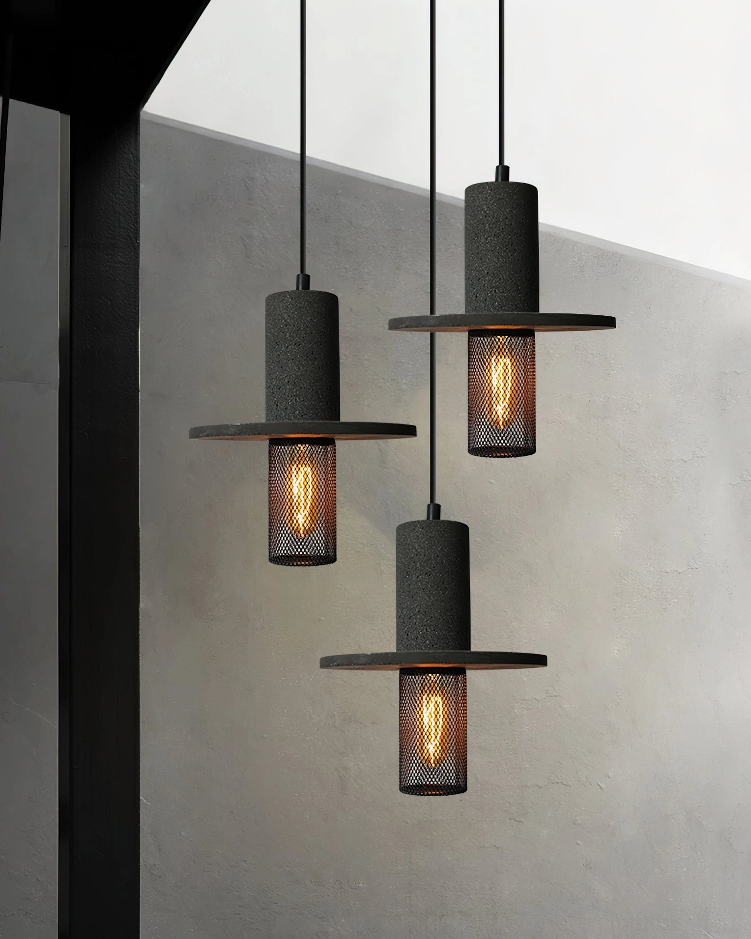Three-piece Condo industrial pendant light set hanging together in modern dining corner scene with matching rustic industrial design