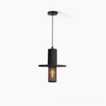Condo industrial pendant light with travertine stone body and black mesh metal diffuser, front full hanging view on white background