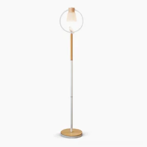 Cone arc floor lamp with frosted glass shade and wooden base in minimalist Nordic living room setting