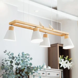 Nordic minimalist wooden pendant chandelier with bird decorative accents in home interior with green plants