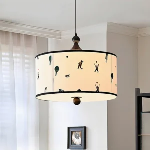 Congo pendant light installed in minimalist bedroom with sheer curtains, overhead angled view showing wooden finial detail