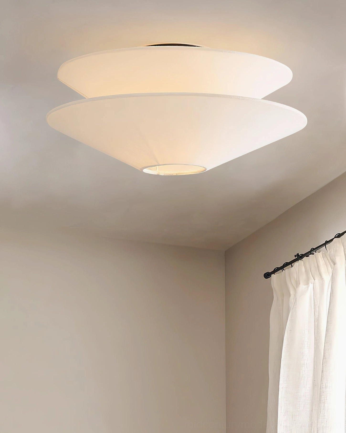 Cono minimalist ceiling lamp corner room view curtain backdrop soft diffused warm glow