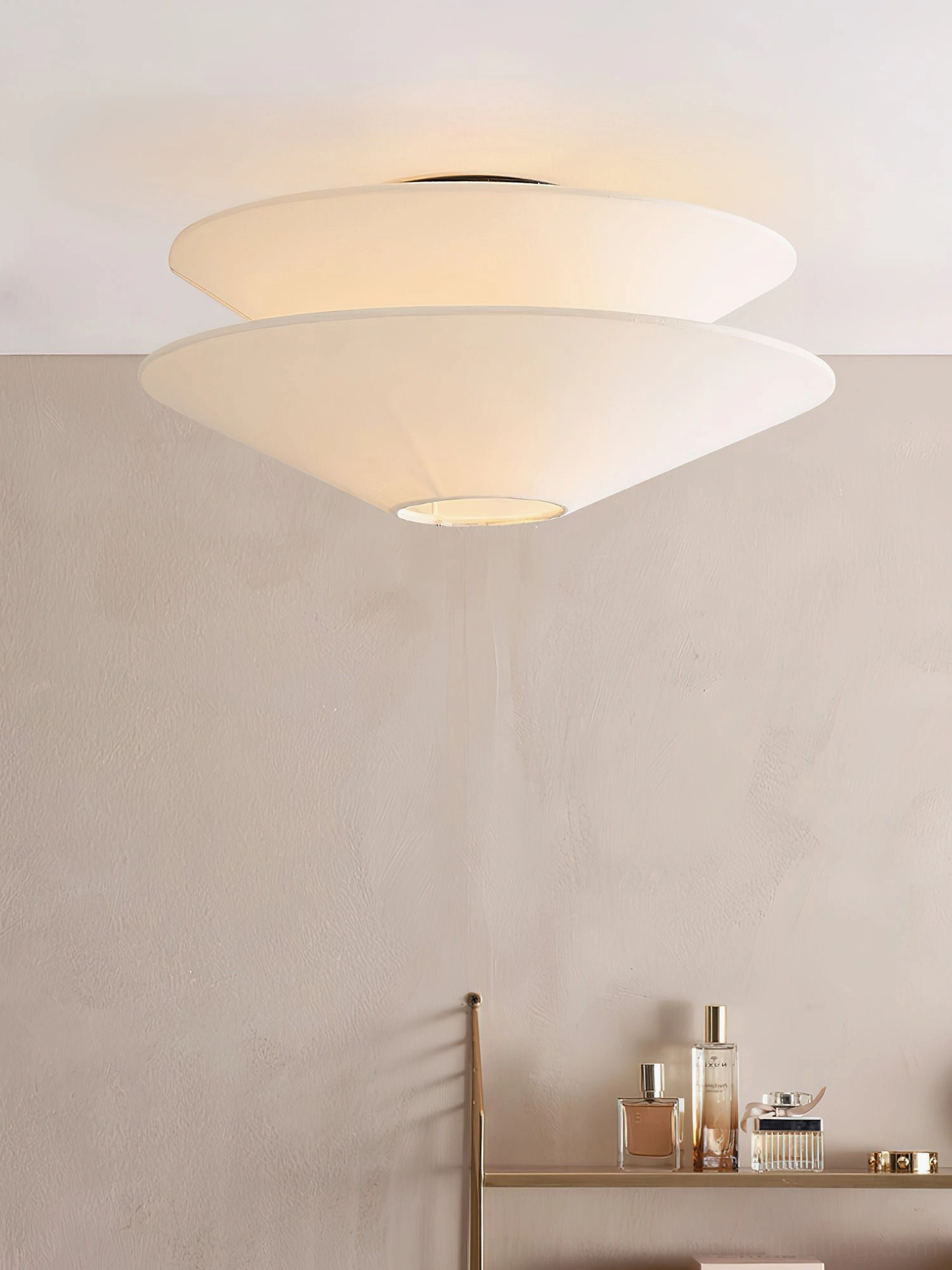 Cono conical ceiling fixture side angle view fabric cone geometry dark metal hardware