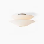 Cono conical flush mount ceiling lamp front view minimalist white fabric shades with dark bronze hardware studio photography