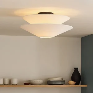 Cono modern ceiling light installed in contemporary dining room wooden wall shelf warm ambient lighting