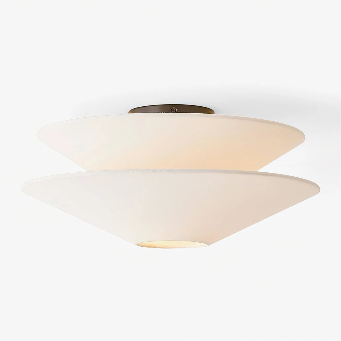 Cono dual-cone ceiling lamp bottom-up view dark bronze base layered shades studio background