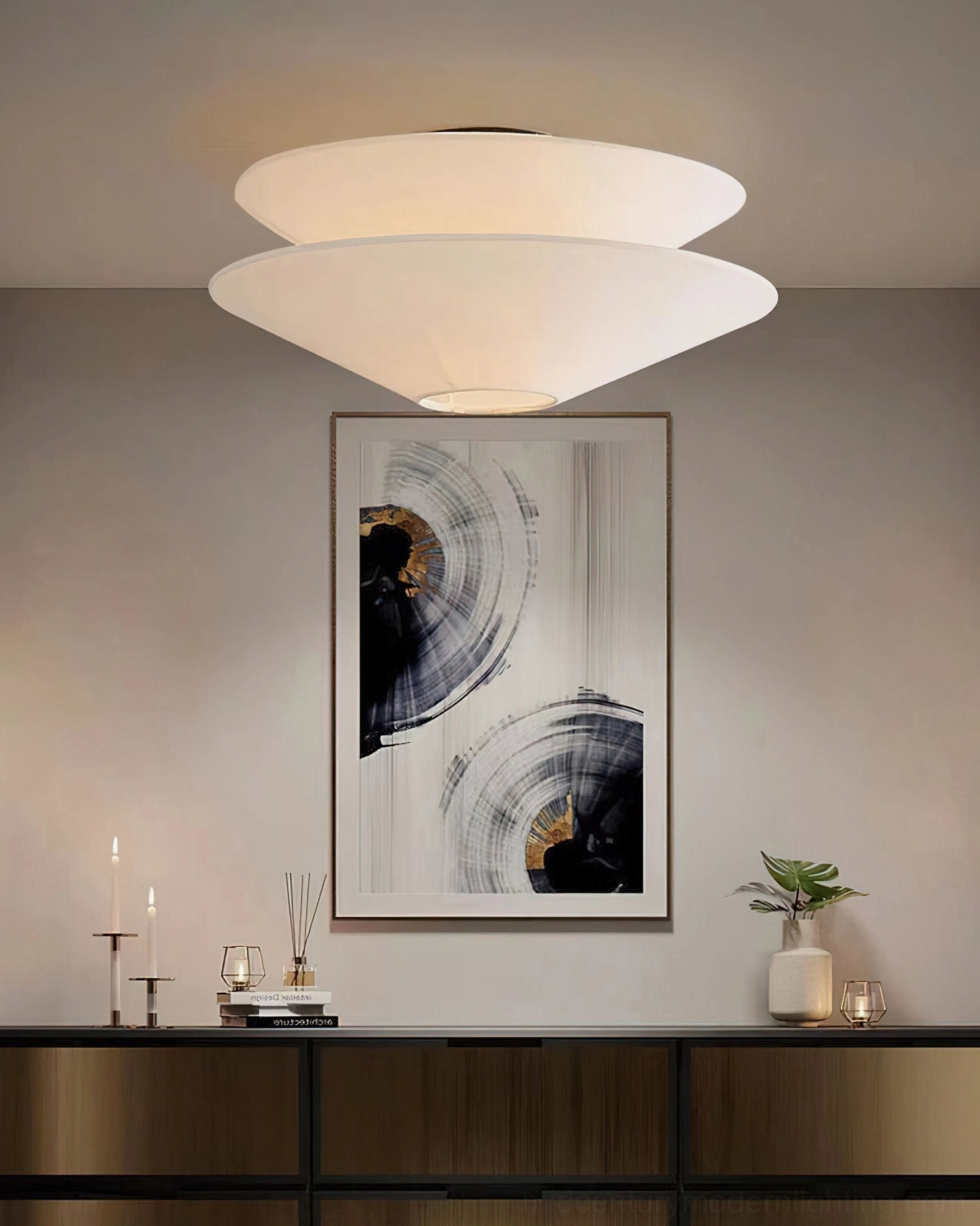 Cono two-tier conical lamp living room setting console table abstract wall art soft lighting