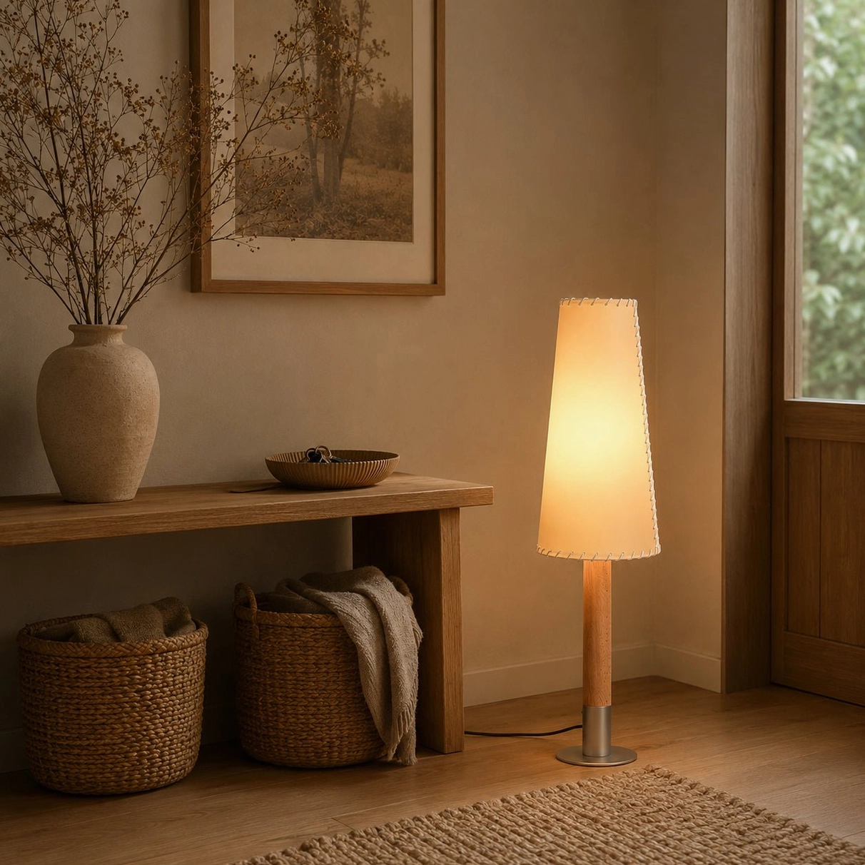 Warm parchment floor lamp accent lighting entryway console zone with dried flower arrangement