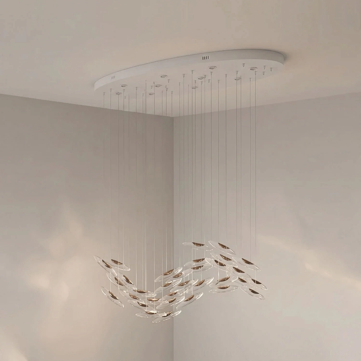 Contemporary glass pendant chandelier 32 heads variant with warm golden tones and elegant proportions