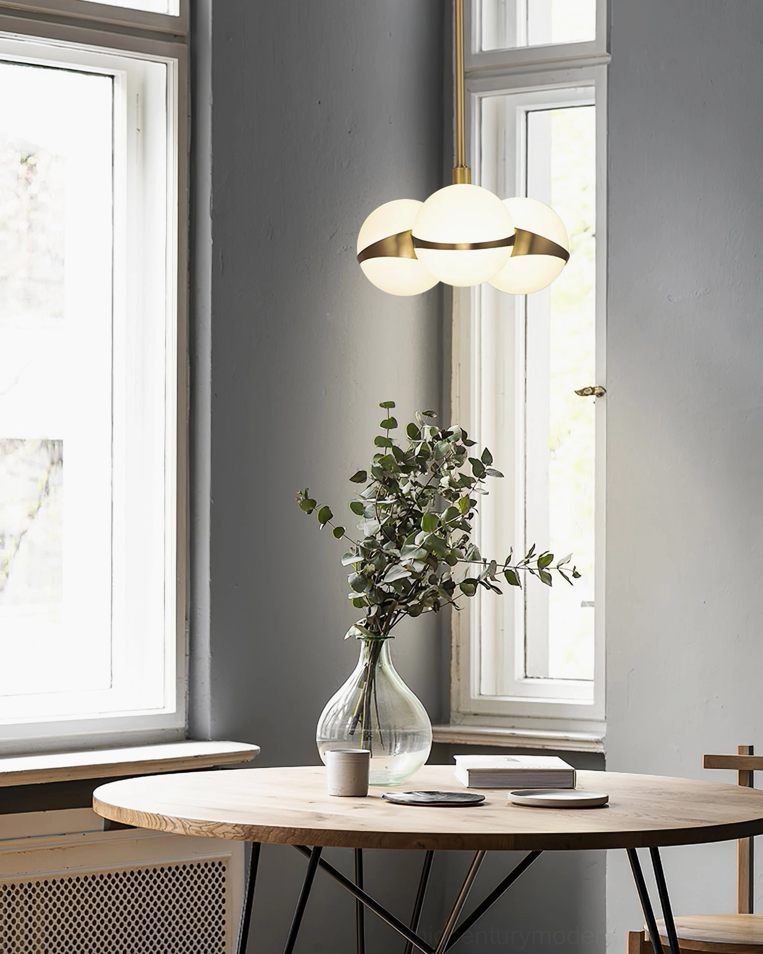 Contemporary brass chandelier with multiple frosted glass shades, Grand Lustre modern luxury pendant lighting