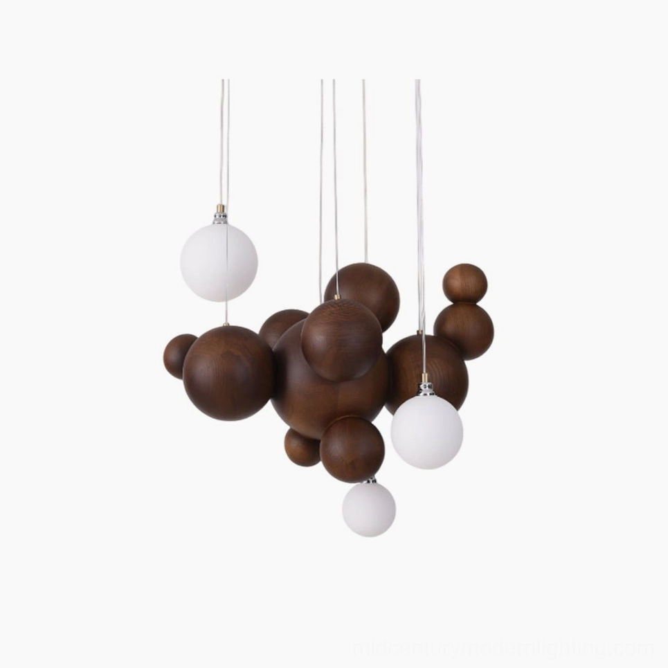 Contemporary wood sphere chandelier with warm LED glow suspended in residential interior demonstrating versatile styling