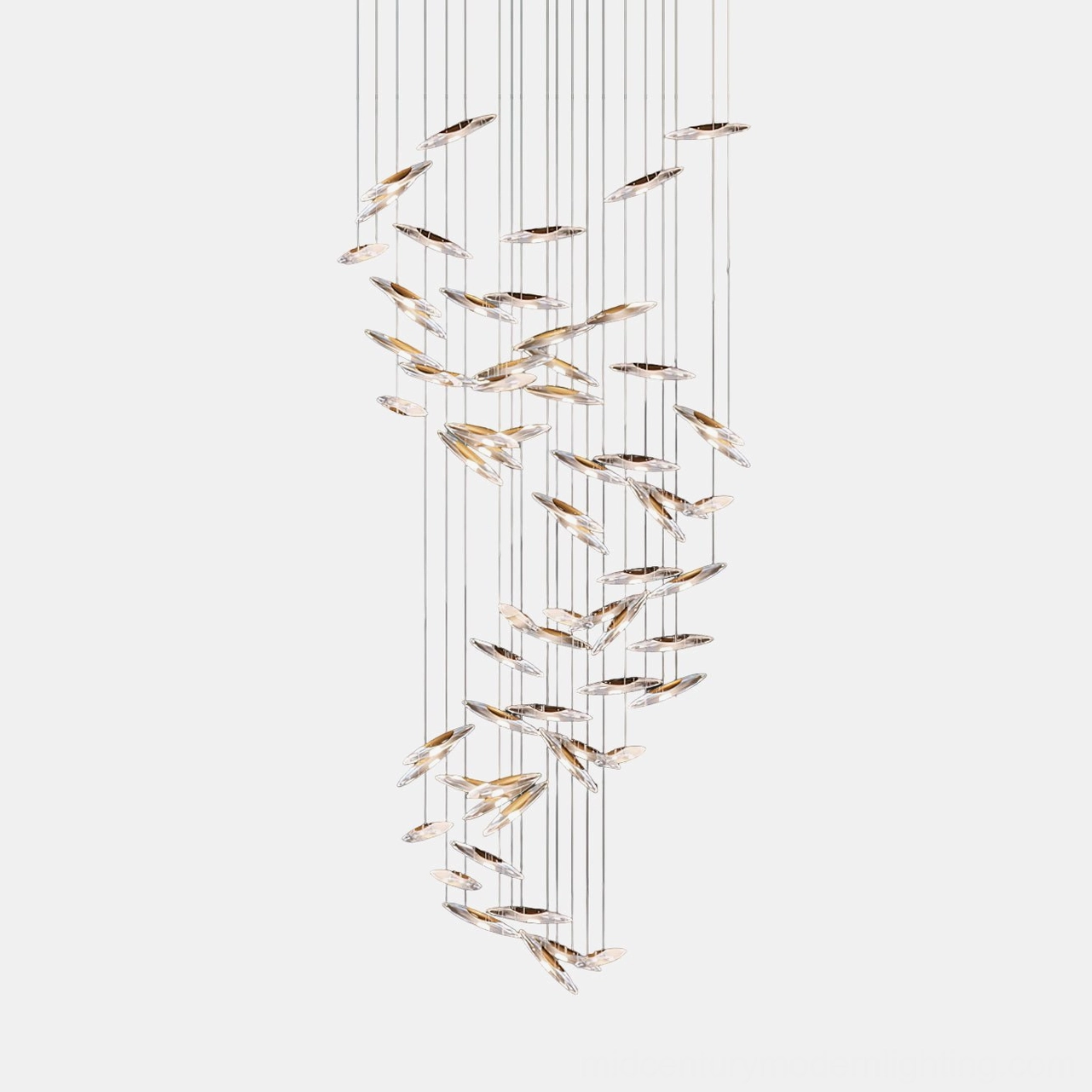 Contemporary cascading chandelier in luxury interior featuring warm ambient illumination and artistic presence