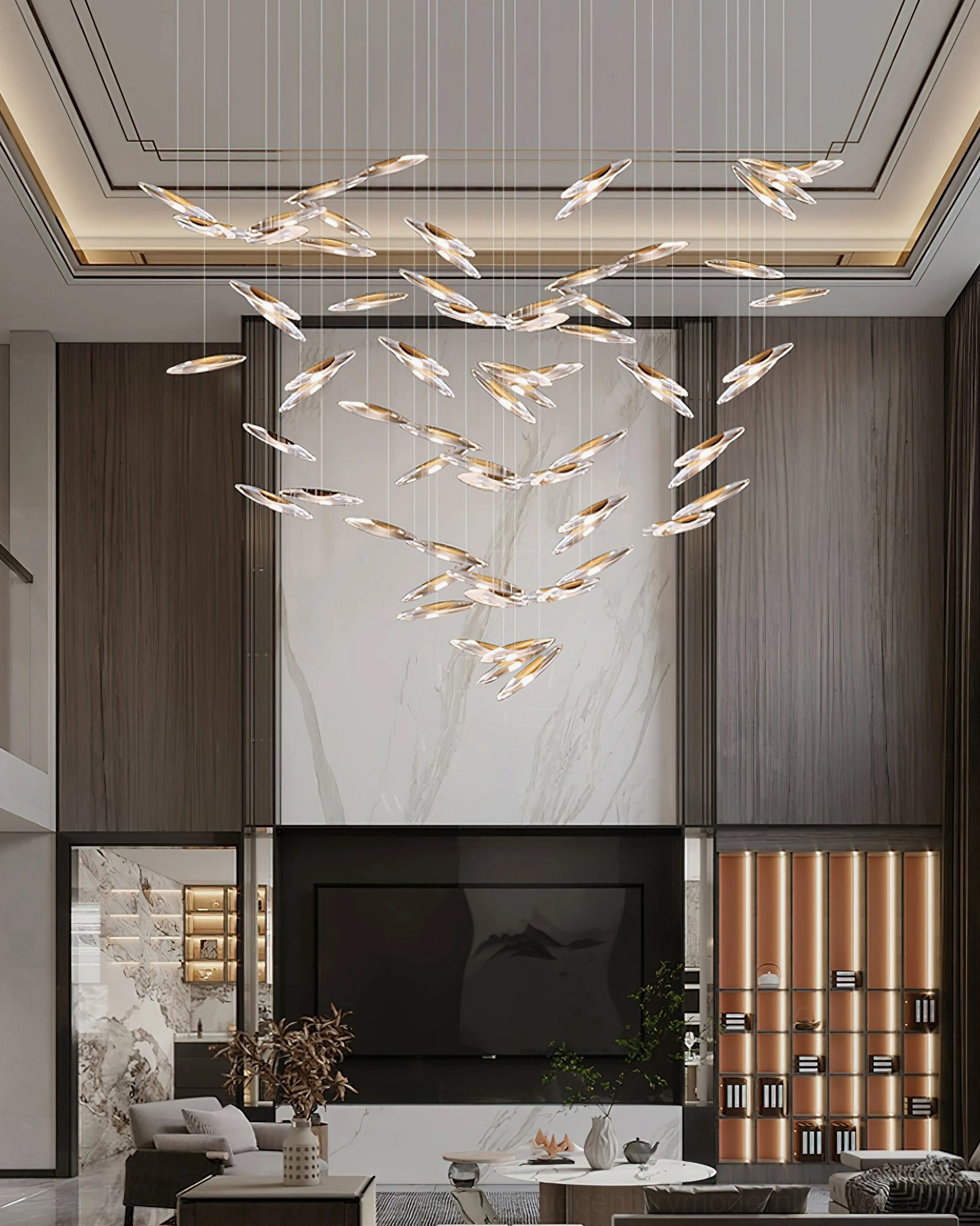 Contemporary cascading pendant chandelier with layered glass design and architectural presence