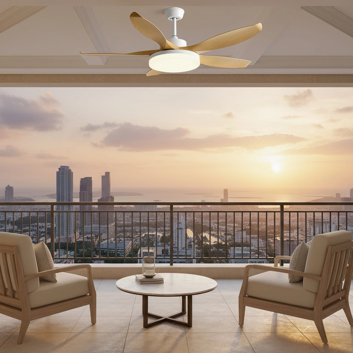 Wood tone ceiling fan light with integrated LED in high-rise balcony lounge area overlooking city skyline at sunset