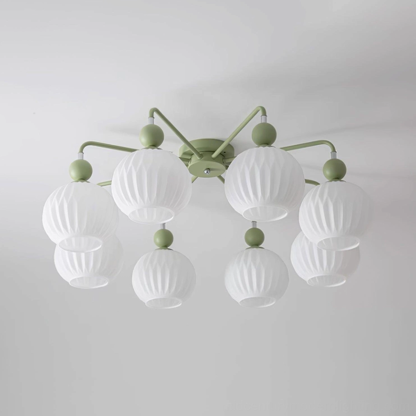 Contemporary ceiling chandelier with sculptural form and ribbed glass design